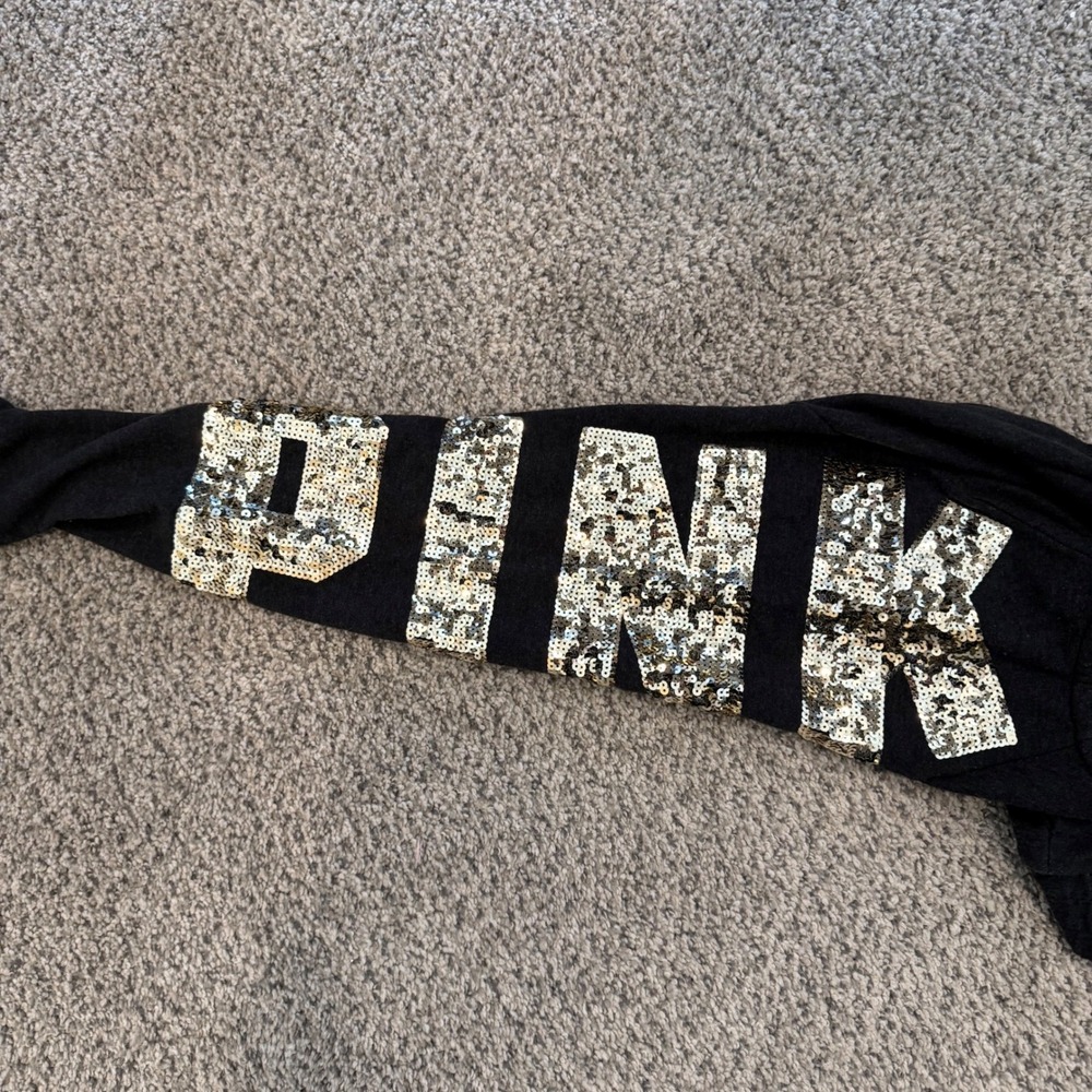 Victoria's Secret PINK Black Gold Sequin Sleeve Full Zip Hoodie Sweatshirt Sz M - Picture 3 of 4
